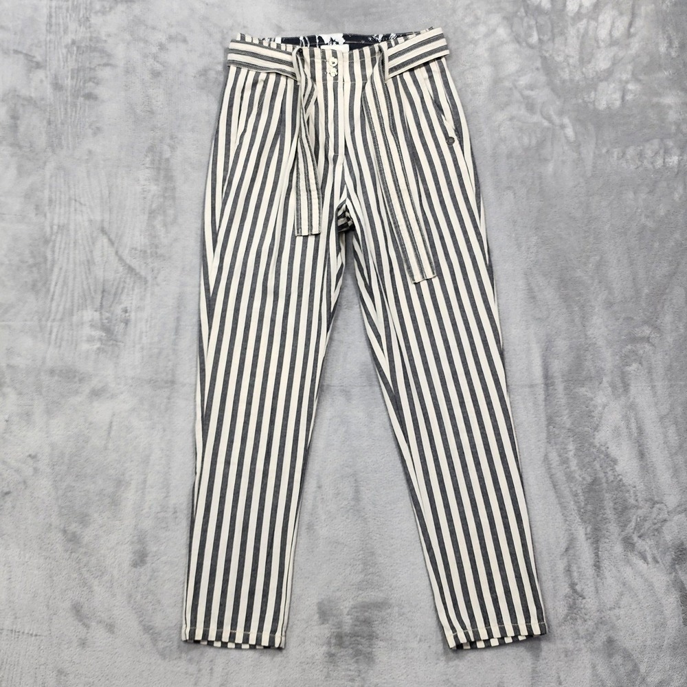Nümph Pants Womens 36 Black White Stripe Paperbag Twill‎ Belted Relaxed Casual